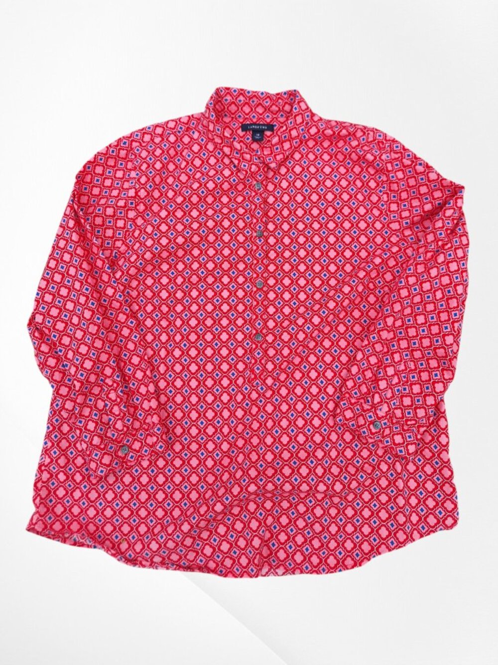 Lands' End Long Sleeve Diamond Pattern Pop Over Cotton Shirt Pink Red Blue Sz 18